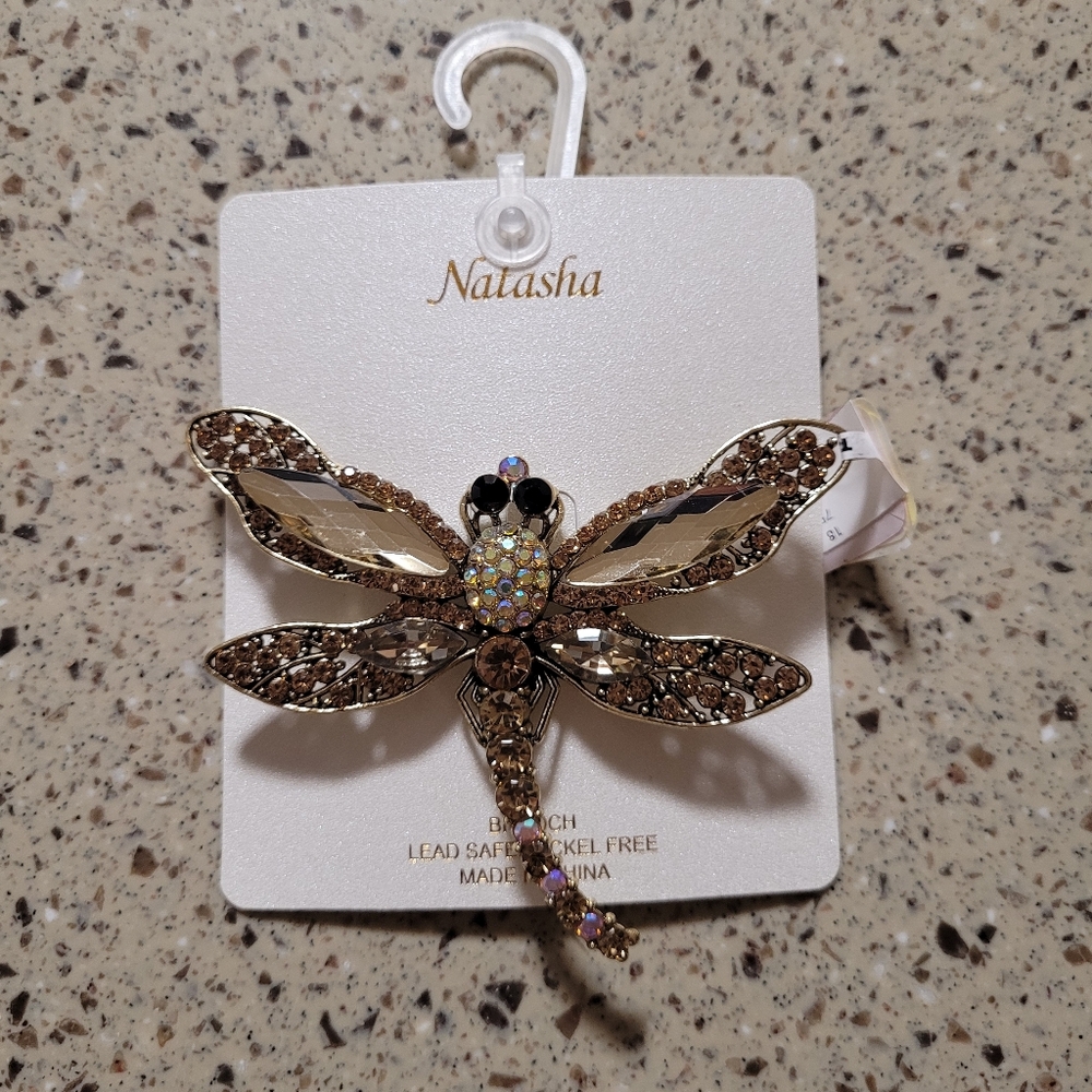 Natasha Dragonfly Brooch Gold Tone  4X 3” Nickel Free All Stones/Crystals Intact